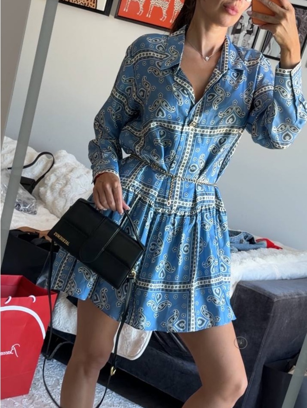 Blue Paisley Button-Front Mini Dress